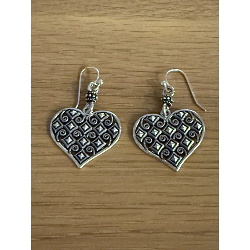 Vintage Filigree Love Heart Dangle Hook Earrings 1990s Art‎ Deco Style 925 Rare